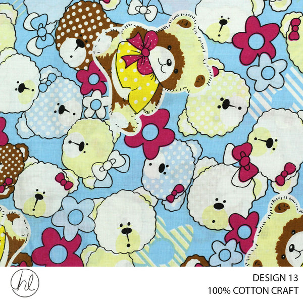 COTTON CRAFT PUFFED BEARS PRINTED FABRIC SKY BLUE ROLL ROLL 001