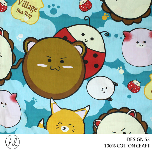 COTTON CRAFT VILLAGE BUS STOP PRINTED FABRIC SKY BLUE ROLL ROLL 001