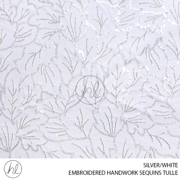 EMBROIDERED HANDWORK SEQUINS TULLE (55) SILVER/WHITE (140CM) PER M