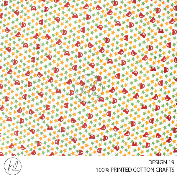 COTTON CRAFT STAR BEARS PRINTED FABRIC ORANGE/GREEN ROLL ROLL 001