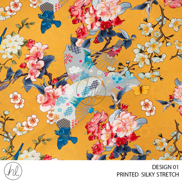 Printed Silky Stretch Shengai (51) Gold (Design 01) (150cm) Per M