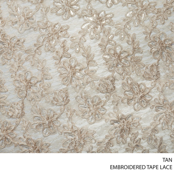 LACE TAPE EMB FABRIC 140CM TAN ROLL ROLL 001