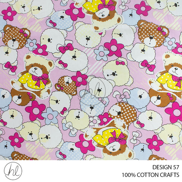 COTTON CRAFT PUFFED BEARS PRINTED FABRIC PINK ROLL ROLL 001