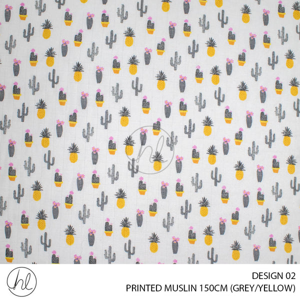 Printed Muslin (Design 02) (150cm) (Per/m) (Grey/Yellow)