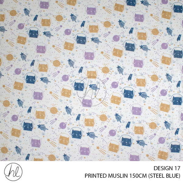 Printed Muslin (Design 17) (150cm) (Per/m) (Steel Blue)