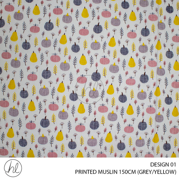 Printed Muslin (Design 01) (150cm) (Per/m) (Grey/Yellow)