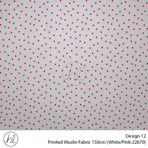 Printed Muslin (Design 12) (150cm) (Per/m) (White/Pink)