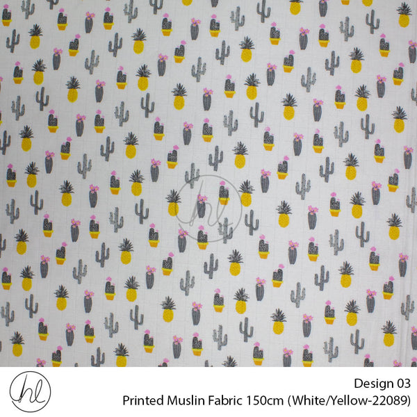 Printed Muslin (Design 03) (150cm) (Per/m) (White/Yellow)