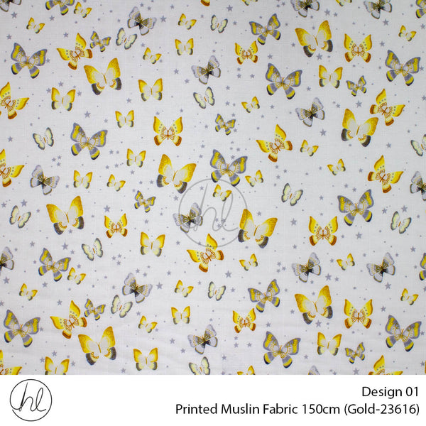 Printed Muslin (Design 01) (150cm) (Per/m) (Grey/Yellow)