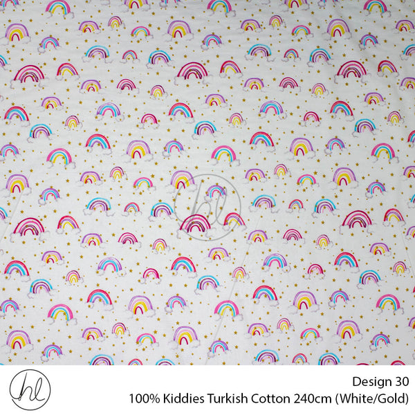 100% Kiddies Turkish Cotton (Design 30) (240cm) (Per M) (White/Gold)