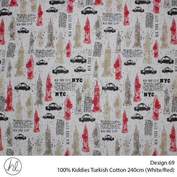 100% Kiddies Turkish Cotton (Design 69) (240cm) (Per M) (White/Red)