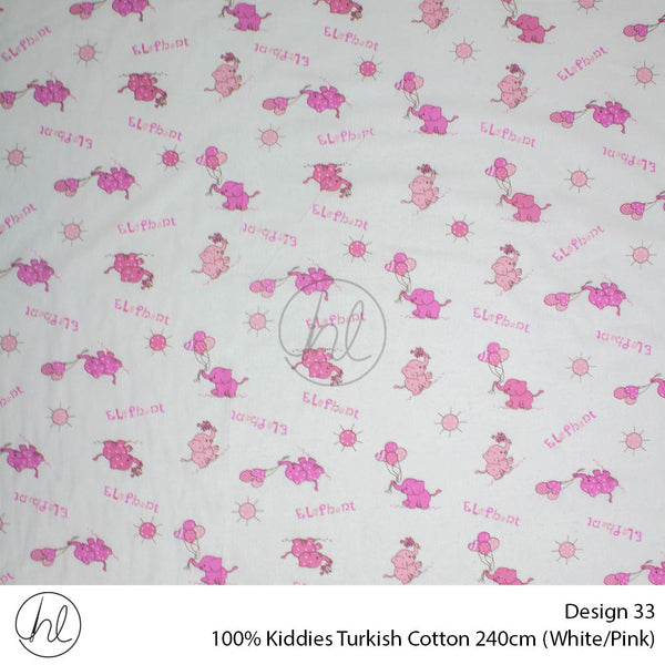 100% Kiddies Turkish Cotton (Design 33) (240cm) (Per M) (White/Pink)