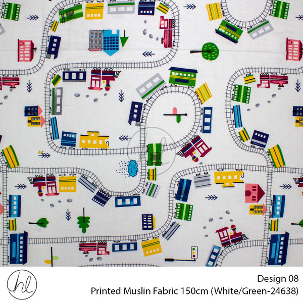 Printed Muslin (Design 08) (150cm) (Per/m) (White/Green)