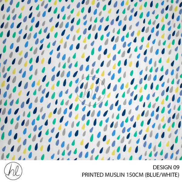 Printed Muslin (Design 09) (150cm) (Per/m) (Blue/White)