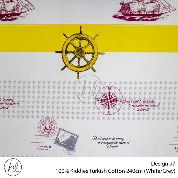 100% Kiddies Turkish Cotton (Design 97) (240cm) (Per M) (White/Grey)