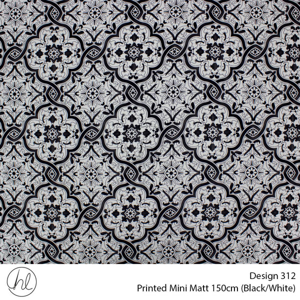 Printed Mini Matt (Design 312) (150cm) (Per m) (Black/White)