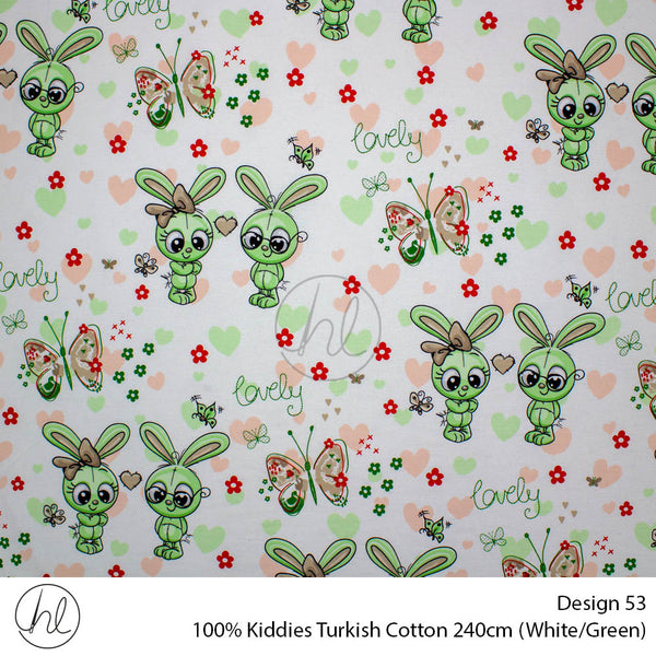 100% Kiddies Turkish Cotton (Design 53) (240cm) (Per M) (White/Green)