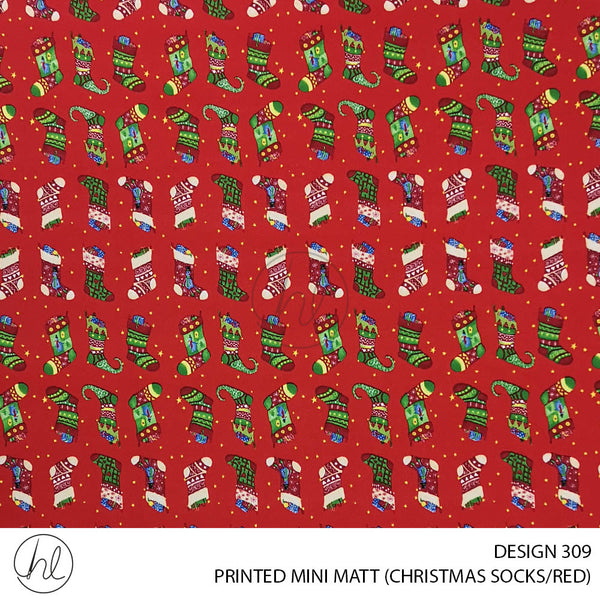 PRINTED MINI MATT (DESIGN 309) (150CM) (PER M) (CHRISTMAS SOCKS) (RED)