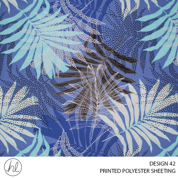 PRINTED POLYESTER SHEETING 308 (DESIGN 42) (LEAVES) (POWDER BLUE) (235CM WIDE)