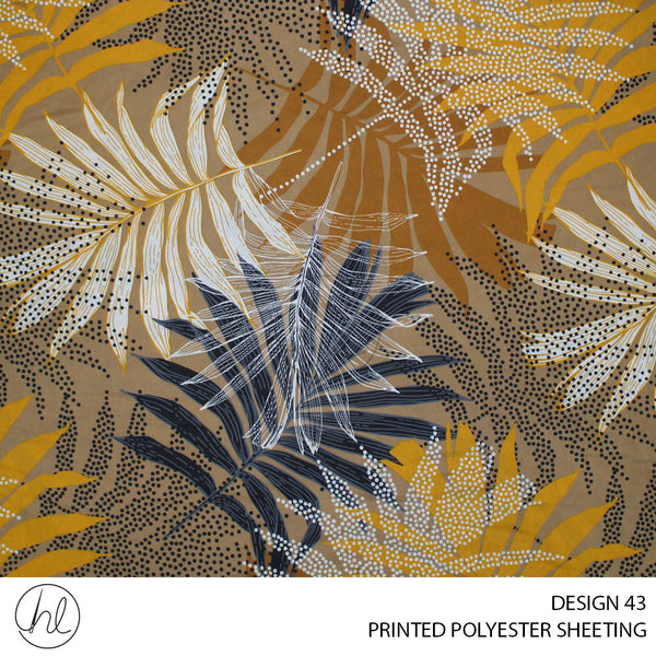 PRINTED POLYESTER SHEETING 308 (DESIGN 43) (LEAVES) (OCHRE) (235CM WIDE)
