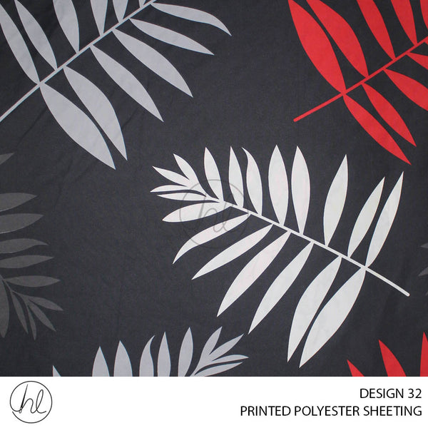 PRINTED POLYESTER SHEETING 308 (DESIGN 32) (LEAVES) (BLACK/RED) (235CM WIDE)