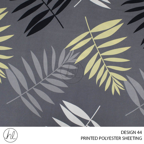 PRINTED POLYESTER SHEETING 308 (DESIGN 44) (LEAVES) (CHARCOAL) (235CM WIDE)