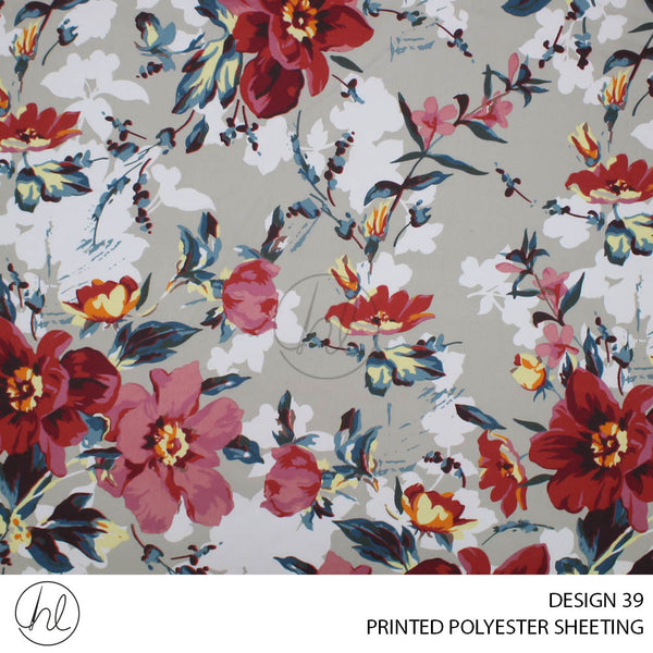 PRINTED POLYESTER SHEETING 308 (DESIGN 39) (FLOWERS) (STONE) (235CM WIDE)