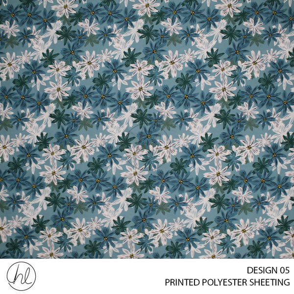 PRINTED POLYESTER SHEETING 308 (DESIGN 05) (FLOWERS) (DUSTY BLUE) (235CM WIDE)