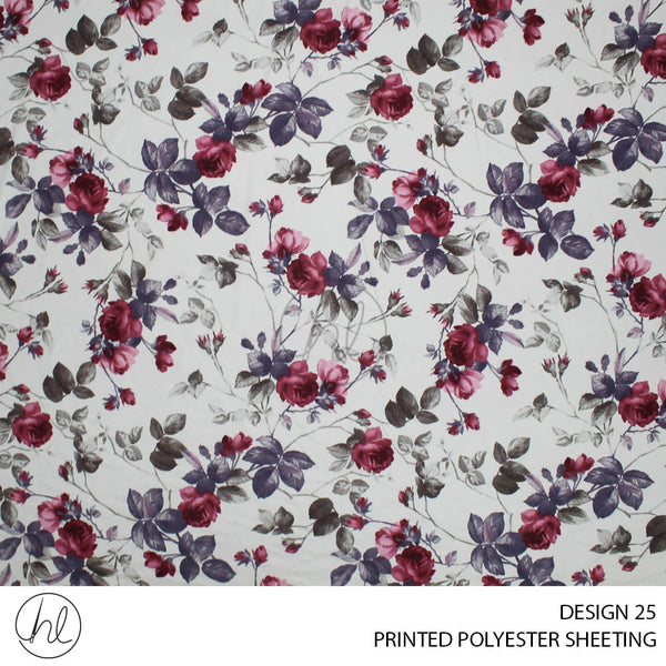 PRINTED POLYESTER SHEETING 308 (DESIGN 25) (ROSES) (WHITE) (235CM WIDE)