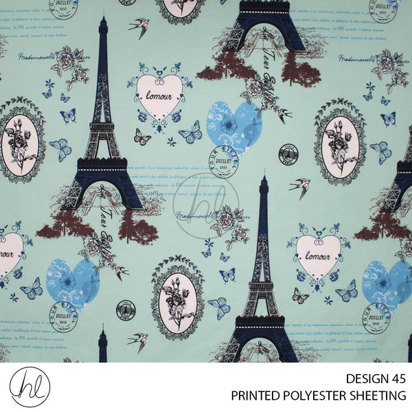 PRINTED POLYESTER SHEETING 308 (DESIGN 45) (PARIS) (DUCK EGG) (235CM WIDE)