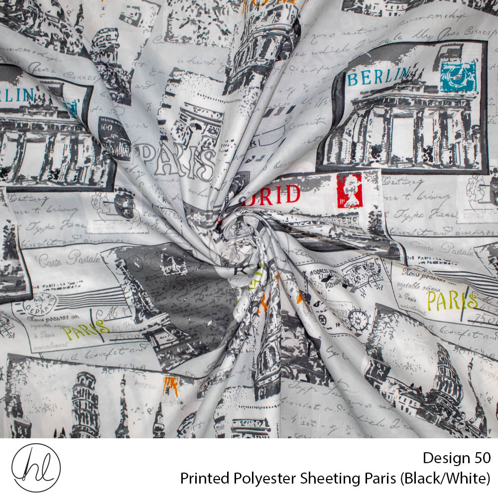 Printed Polyester Sheeting (240cm) (Paris) (Black/White) Habby And Lace