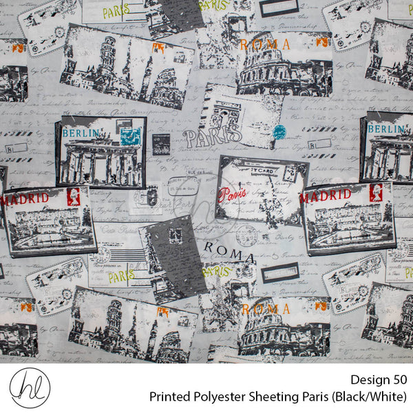 Printed Polyester Sheeting (240cm) (Paris) (Black/White) (Per m)