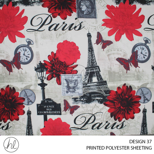 PRINTED POLYESTER SHEETING 308 (DESIGN 37) (PARIS) (WHITE/RED) (235CM WIDE)