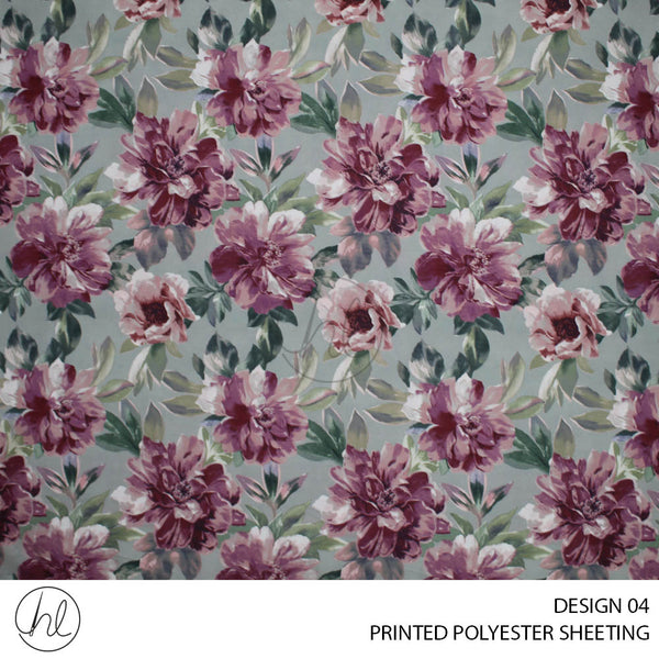 PRINTED POLYESTER SHEETING 308 (DESIGN 04) (FLOWERS) (LIGHT GREY) (235CM WIDE)