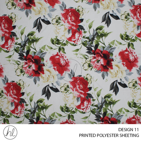PRINTED POLYESTER SHEETING 308 (DESIGN 11) (BIG ROSES) (OFF WHITE) (235CM WIDE)