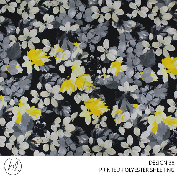 PRINTED POLYESTER SHEETING 308 (DESIGN 38) (DAISY) (BLACK) (235CM WIDE)