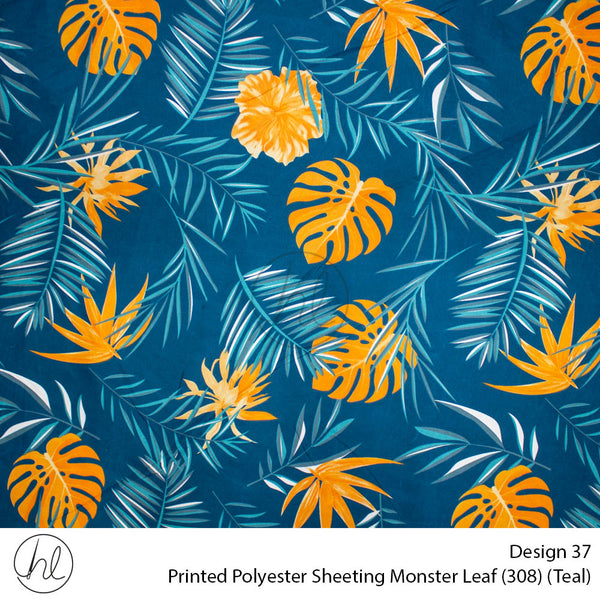 Printed Polyester Sheeting (240cm) (Monster Leaf) (Teal) (Per m)