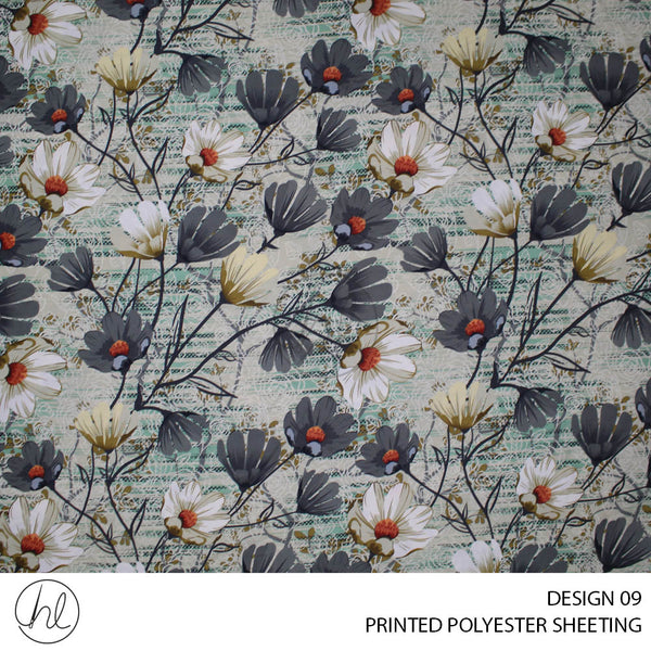 PRINTED POLYESTER SHEETING 308 (DESIGN 09) (PANSY) (GREY) (235CM WIDE)