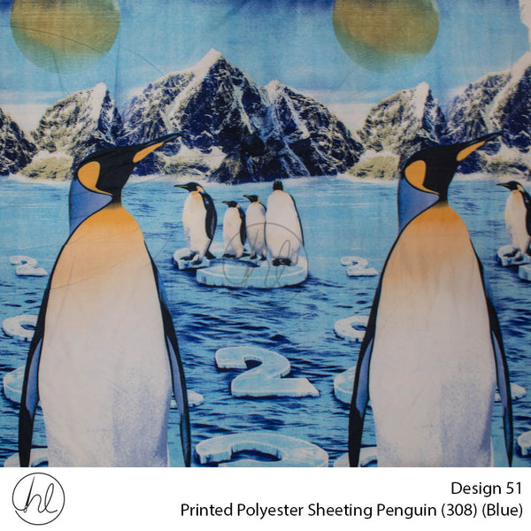 Printed Polyester Sheeting (240cm) (Penguin) (Blue) (Per m)