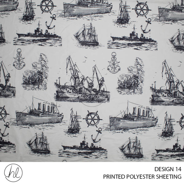 PRINTED POLYESTER SHEETING 308 (DESIGN 14) (OLD SHIPS) (WHITE/GREY) (235CM WIDE)