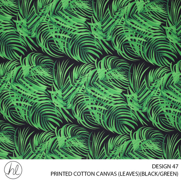 PRINTED COTTON CANVAS (DESIGN 47) (150CM) (PER M) (LEAVES) (BLACK/GREEN)