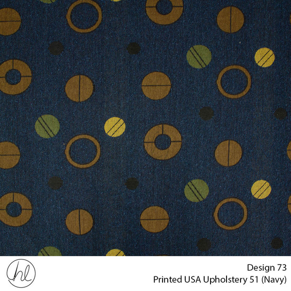 Printed USA Upholstery 51 (Design 73) (Navy) (140cm Wide) Per m