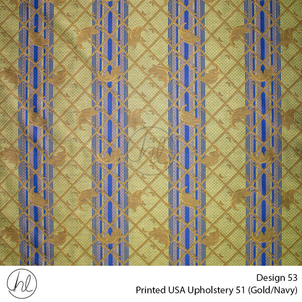 Printed USA Upholstery 51 (Design 53) (Gold/Navy) (140cm Wide) Per m