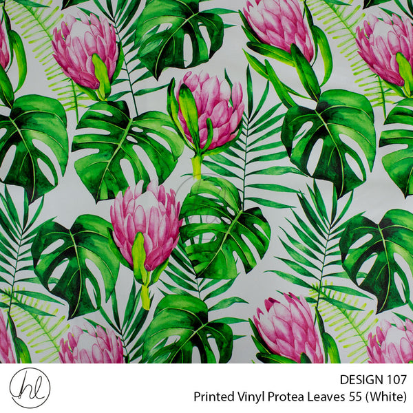 Printed Vinyl Protea Leaves (Design 107) (White) (140cm) Per m