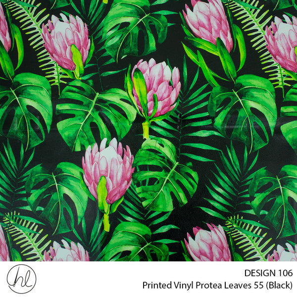 Printed Vinyl Protea Leaves (Design 106) (Black) (140cm) Per m