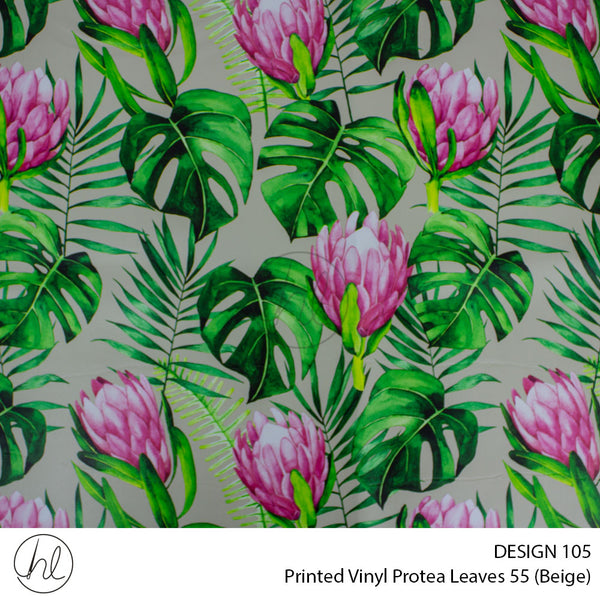 Printed Vinyl Protea Leaves (Design 105) (Beige) (140cm) Per m