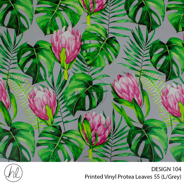 Printed Vinyl Protea Leaves (Design 104) (Light Grey) (140cm) Per m