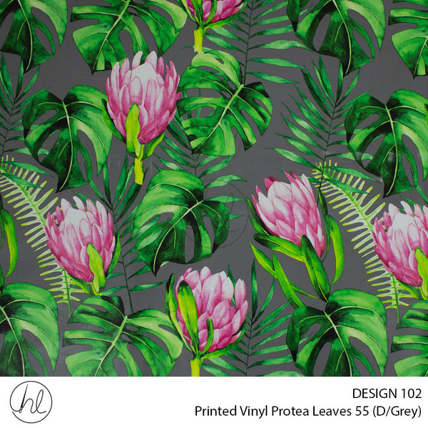 Printed Vinyl Protea Leaves (Design 102) (D/Grey) (140cm) Per m