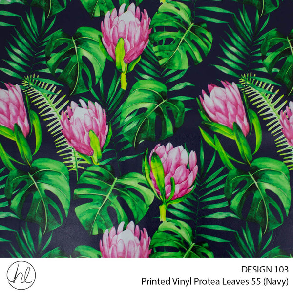 Printed Vinyl Protea Leaves Windpomp (Design 103) (Navy) (140cm) Per m