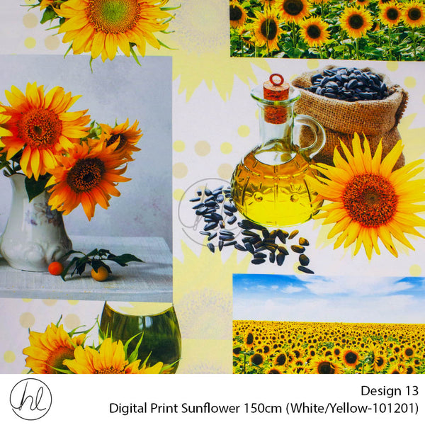 Digital Print SunFlower Fabric (Design 13) (150cm) (Per m) (White/Yellow)